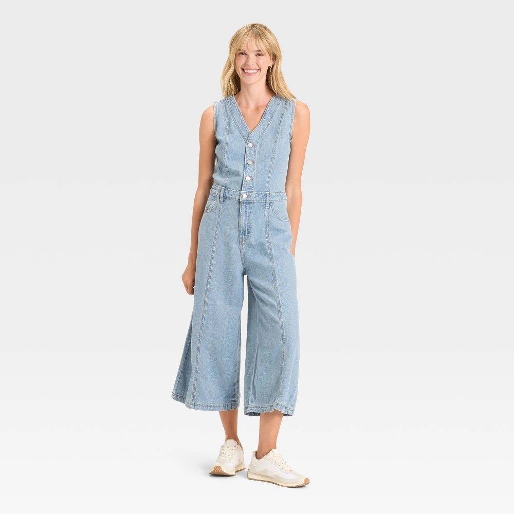 Universal Thread Women Denim Jumpsuit Light Wash Wide Leg Size 8 (0056-0057)